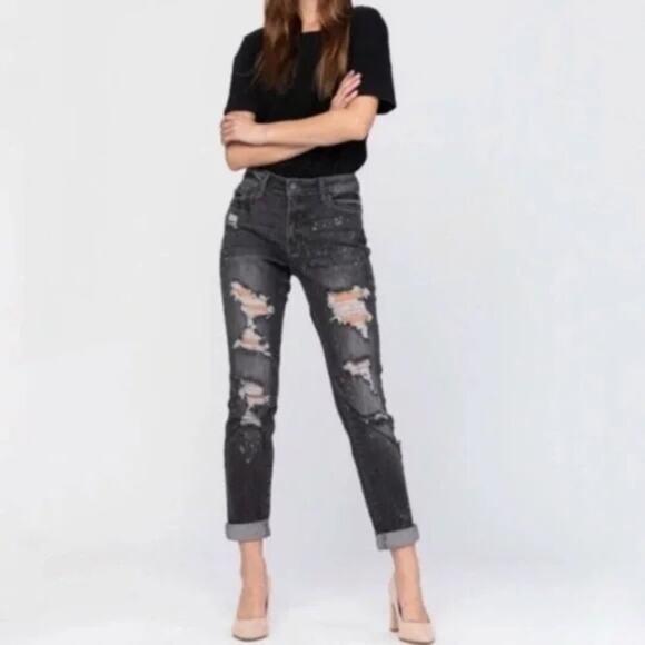 Judy Blue Denim - Judy Blue Jeans Womens 5/27 Black Gray Boyfriend Fit Distressed Bleach Splatter
